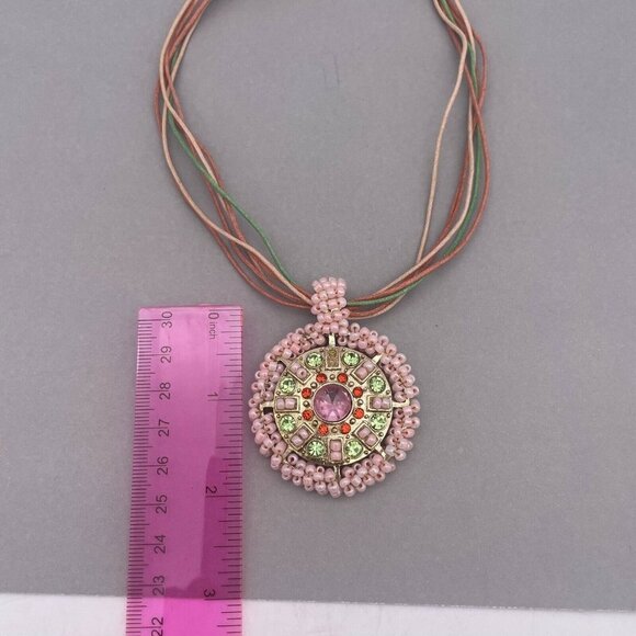 VCLM Pink Beaded Rhinestone Circle Pendant Multicolor Cord Necklace 15 to 17 In - Picture 4 of 6